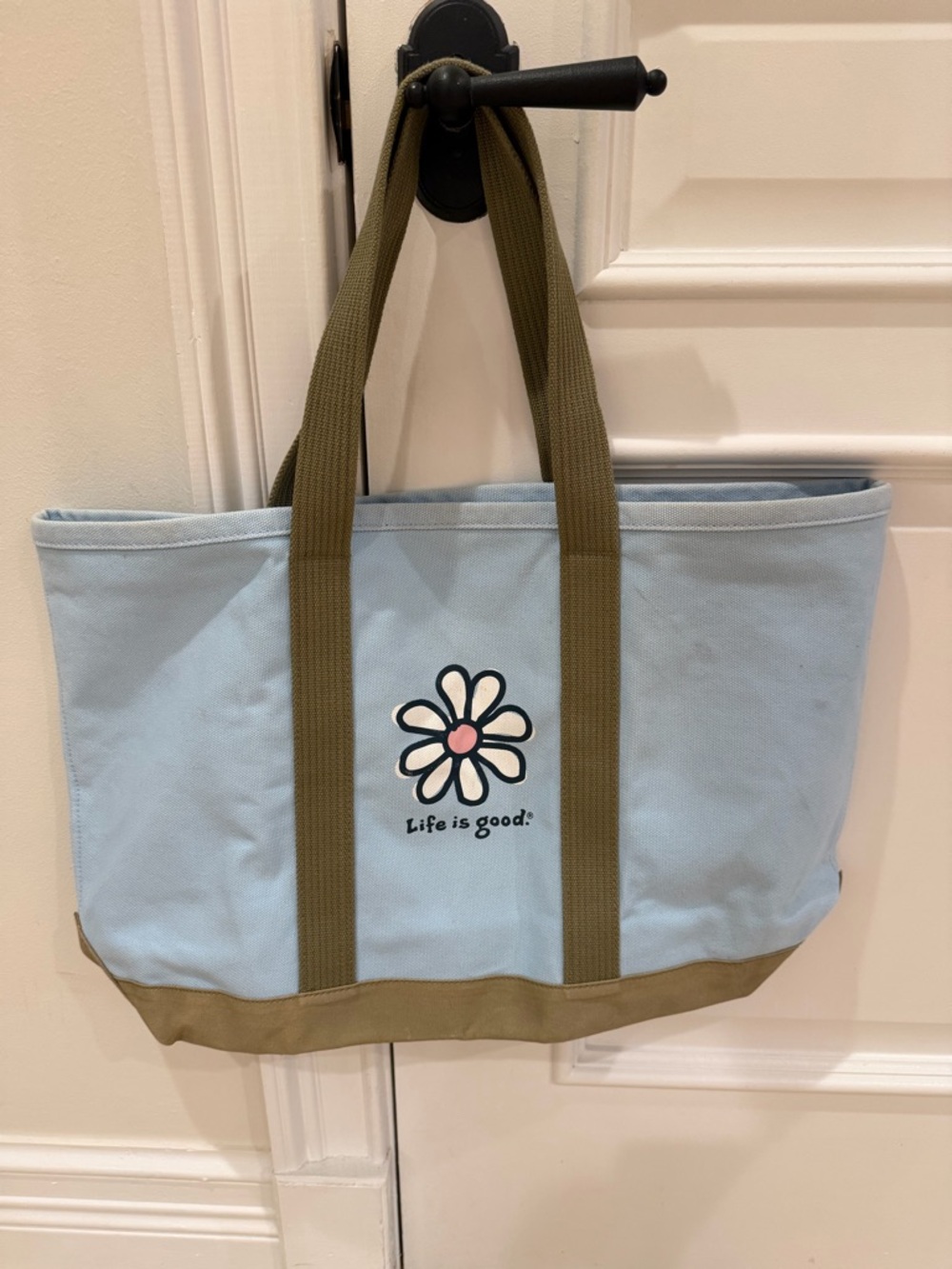 Life Is Good Light Blue Canvas Tote with Olive Straps and Pink Daisy